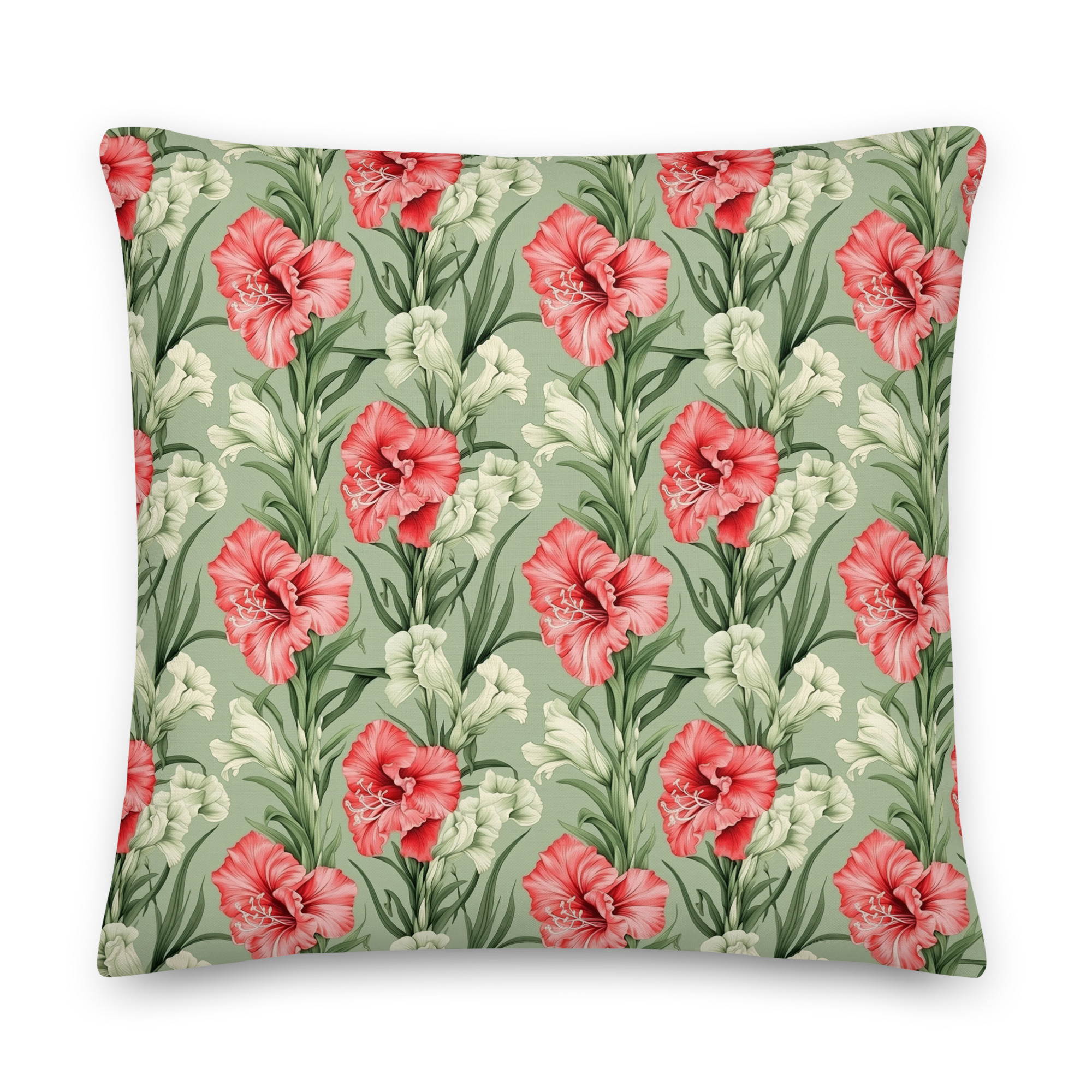 Gladioli Flowers Premium Pillow • Coral, Sage-Green & White • Floral Botanical Scatter Cushion • Soft Furnishings Gift Idea