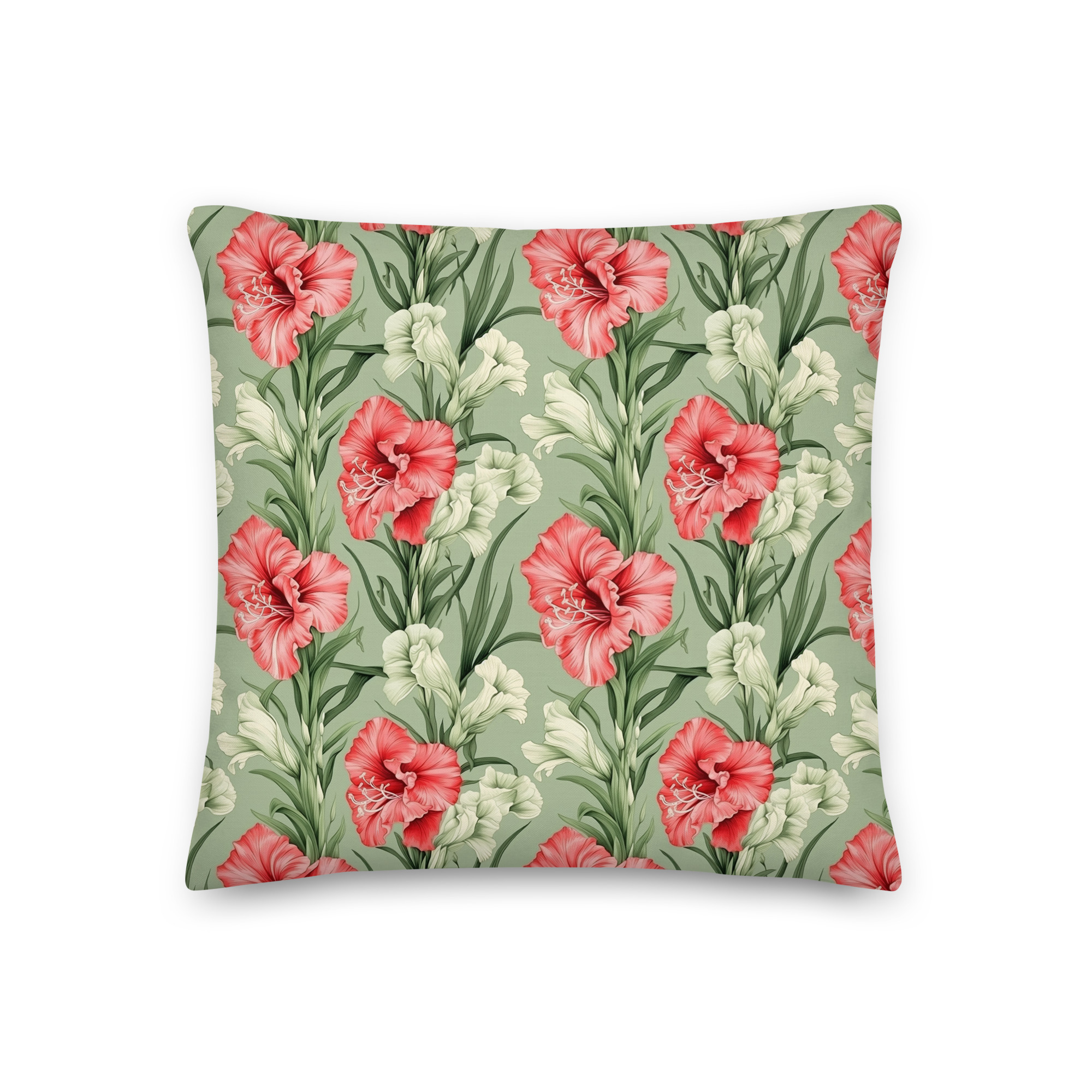 Gladioli Flowers Premium Pillow • Coral, Sage-Green & White • Floral Botanical Scatter Cushion • Soft Furnishings Gift Idea - Image 2
