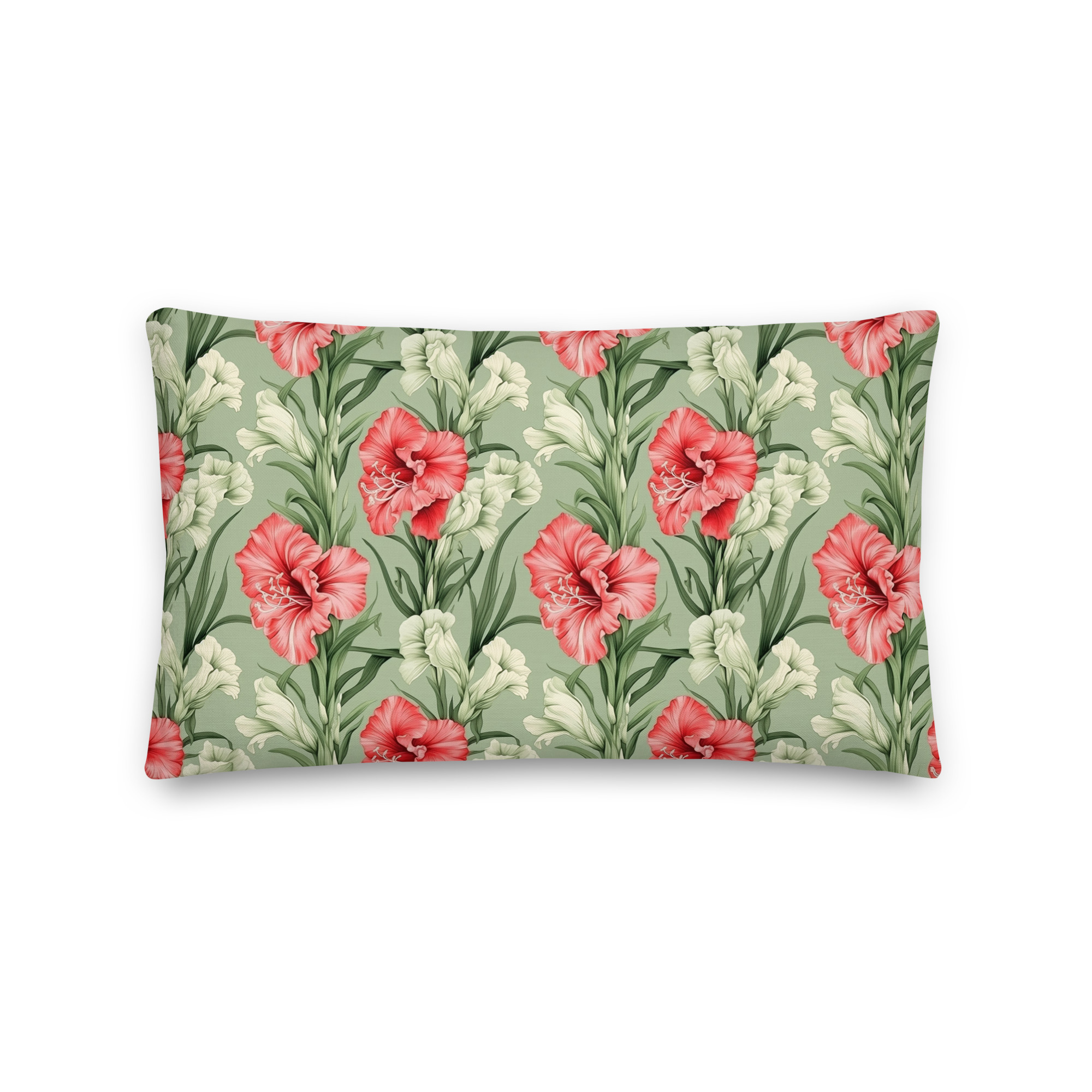 Gladioli Flowers Premium Pillow • Coral, Sage-Green & White • Floral Botanical Scatter Cushion • Soft Furnishings Gift Idea - Image 3