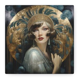 Vintage Style Art Déco Portrait Canvas Print • Gold, Ivory & Teal Artwork • Opulent Glamorous Wall Décor