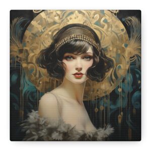 Great Gatsby Art Déco Style Portrait • Gold, Teal & Taupe Wall Décor • Vintage Inspired Canvas Print