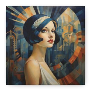 Art Déco Woman Canvas Print • Vintage Style Wall Art • Beige, Burnt Orange,  Cream, Teal Blue-Green Artwork
