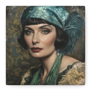 Art Déco Revival Woman Portrait • Aqua-Blue, Beige, Green Artwork • Vintage Inspired Wall Art • Matte Canvas Print