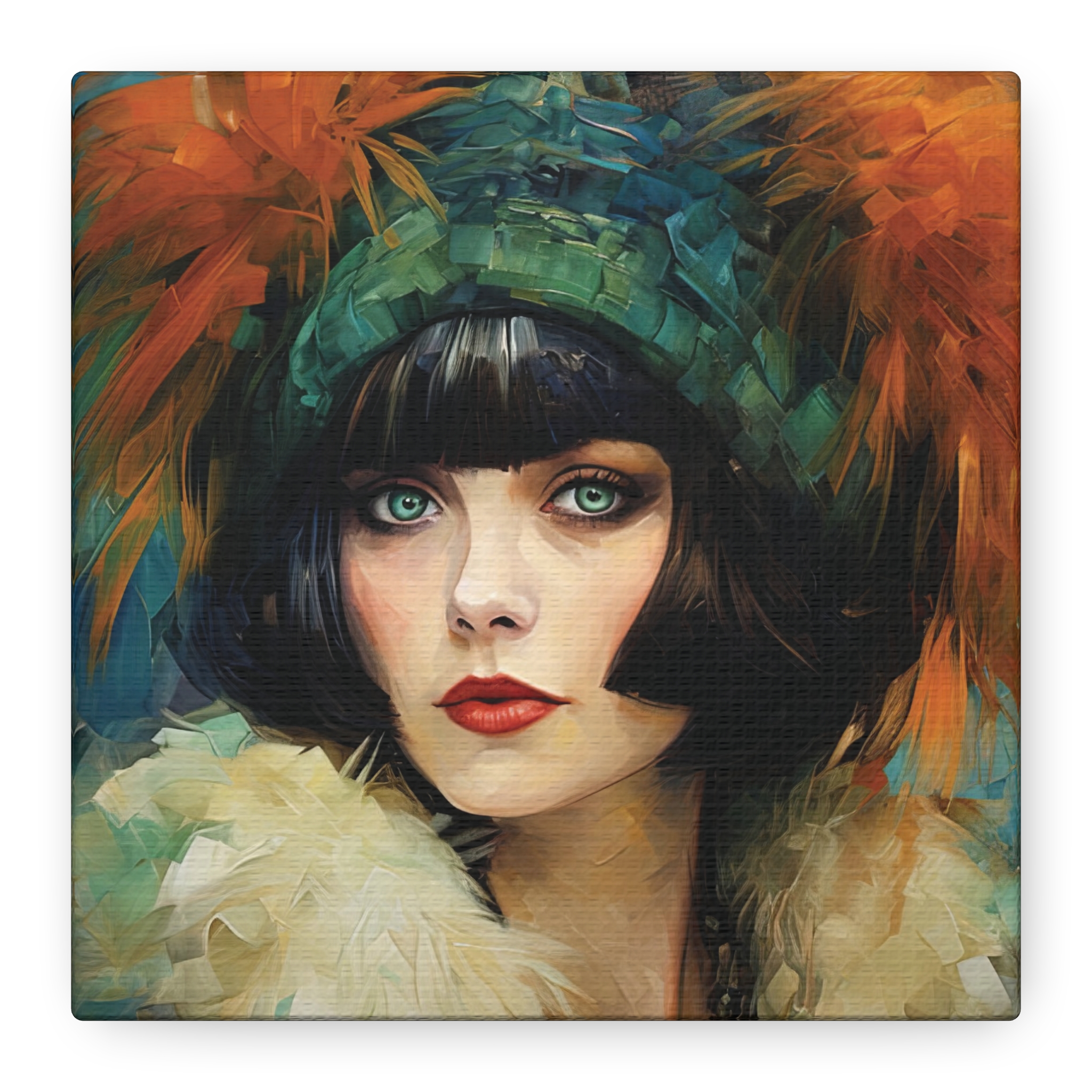 Art Deco Flapper With Feather Boa. Beige, Burnt Orange, Teal Hues.