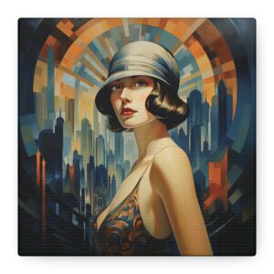 Art Déco Flapper Woman Wall Art • Urban Geometric Backdrop • Blue & Orange Artwork • Modern Vintage Interior Décor