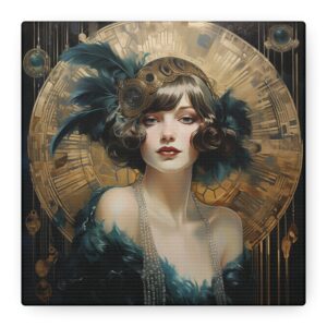 Glam Gatsby Style Art Déco Portrait Wall Art • Gold & Green • Statement Canvas Print