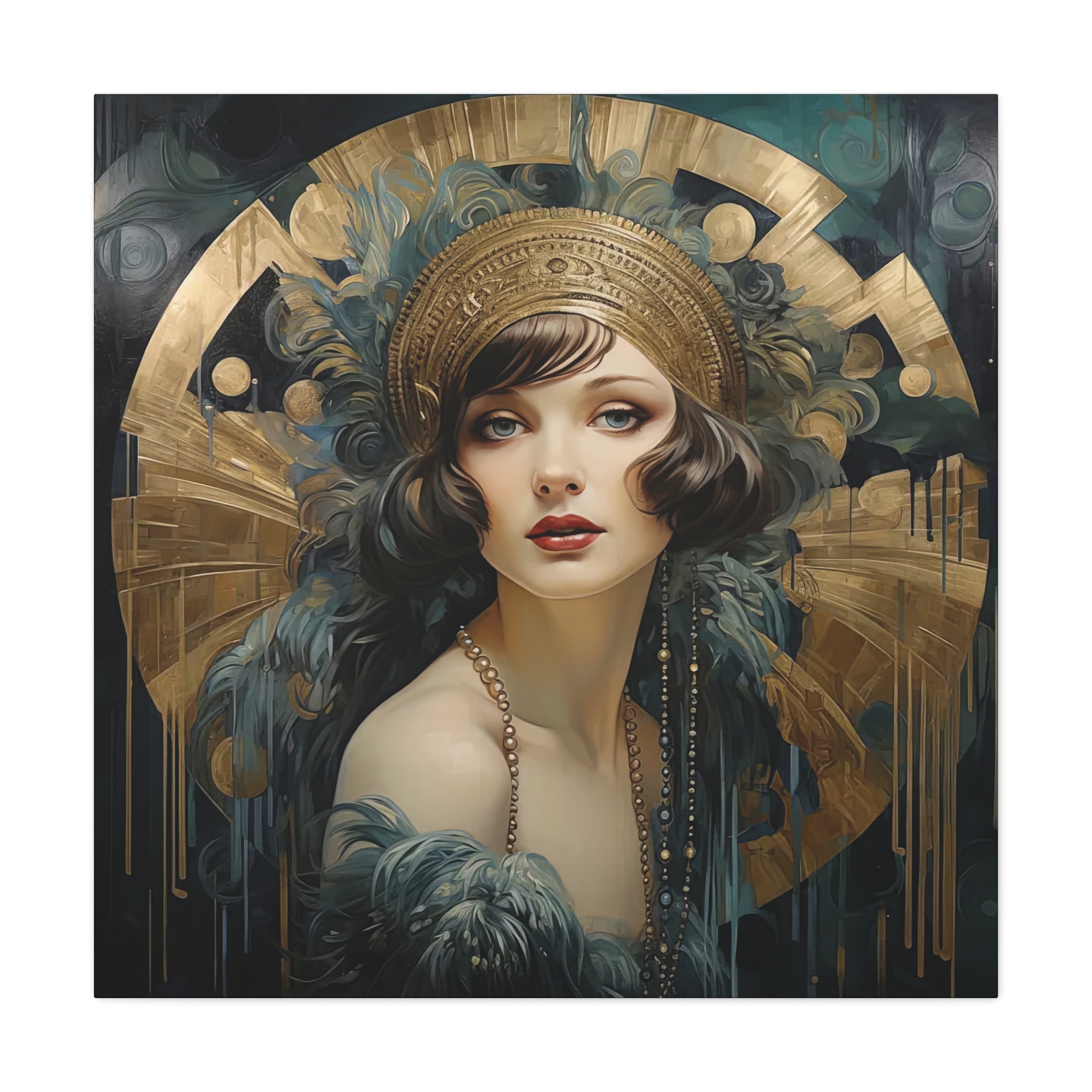 Glamorous Great Gatsby Woman Portrait • 1920s Style Art Déco Canvas Wall Art Print • Teal & Gold