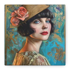Art Déco Wall Décor • Portrait Canvas Print • Gold, Pink & Turquoise Artwork • Vintage Style Interiors