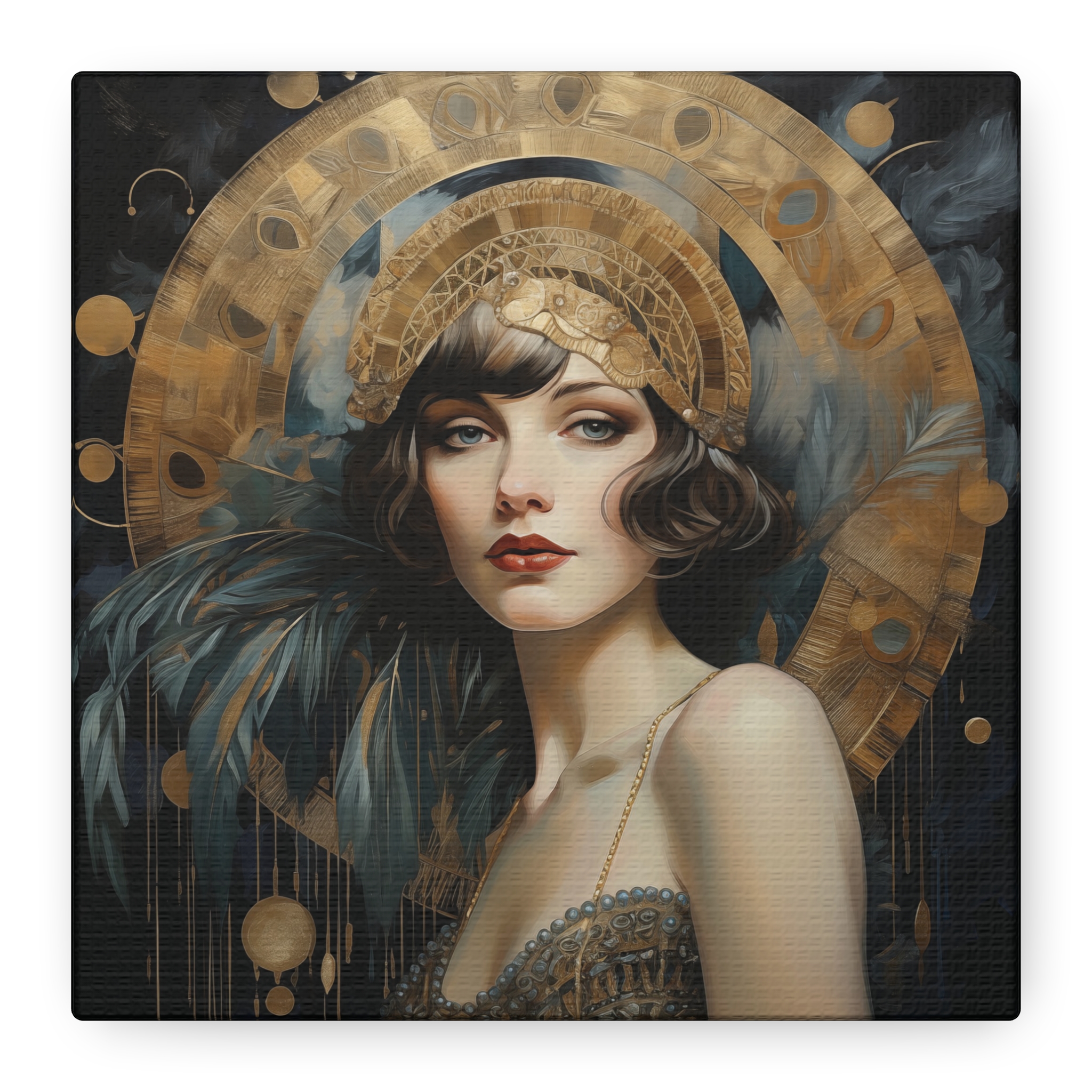 Art Déco Great Gatsby Portrait Canvas Print • Gold & Teal Blue • Modern Vintage Wall Art