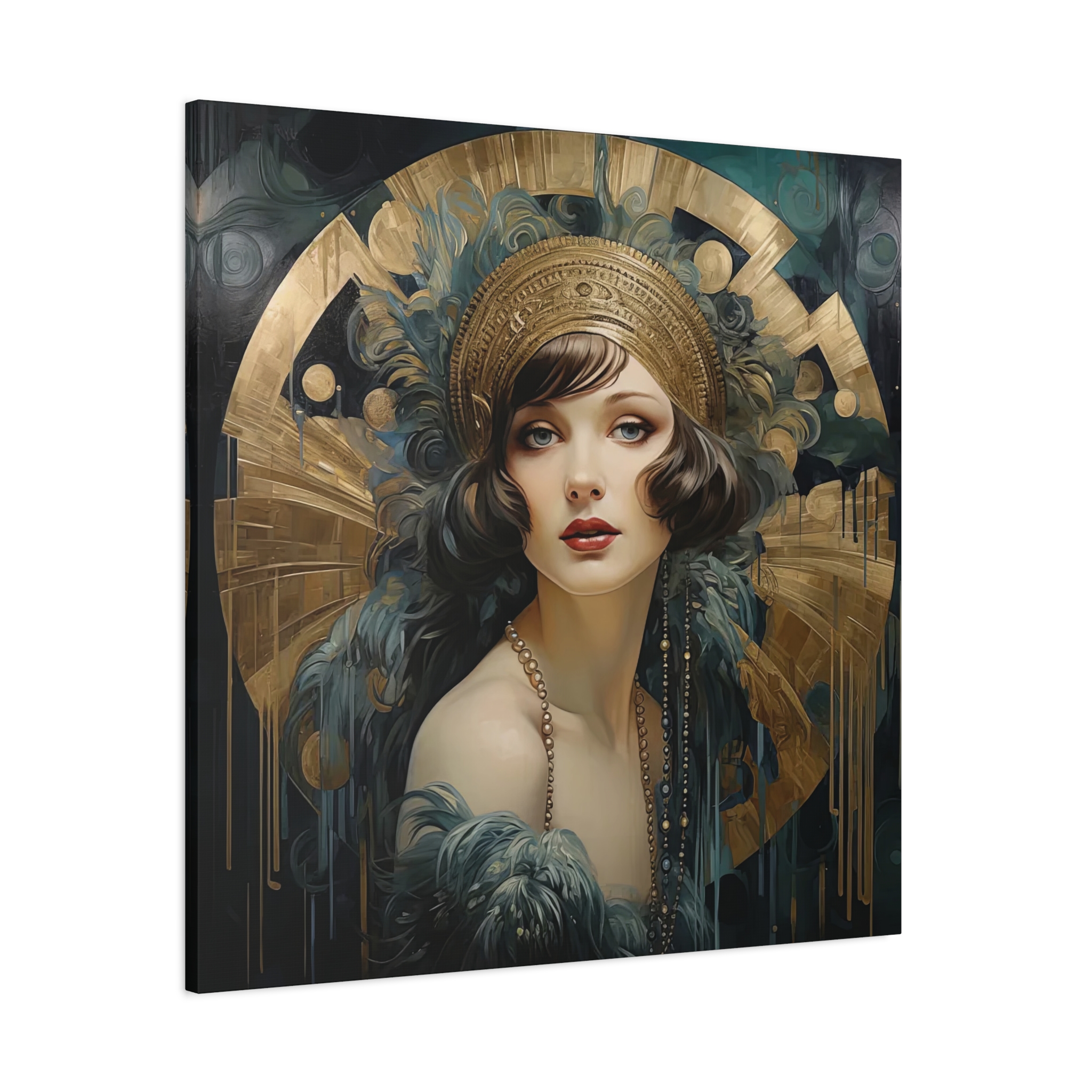 Glamorous Great Gatsby Woman Portrait • 1920s Style Art Déco Canvas Wall Art Print • Teal & Gold - Image 2
