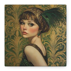 Art Déco Portrait Canvas Wall Art • Emerald, Jade Green & Gold Artwork • Vintage Interior Décor