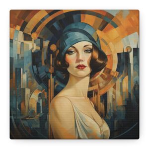 Bold Art Déco Woman Portrait Canvas • Geometric Backdrop • Beige, Blue & Orange Artwork • Modern Vintage Wall Art • Housewarming Gifts