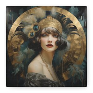 Art Déco Portrait Canvas Wall Art • Gold & Teal Artwork • Great Gatsby Inspired Vintage Print