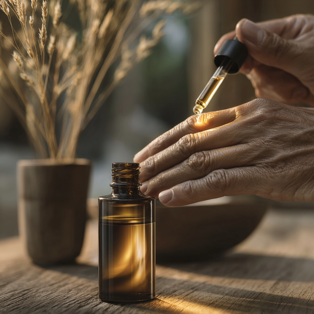 Close-up of a hand applying a rich moisturiser to dry skin, with vitamin E oil dropper nearby.