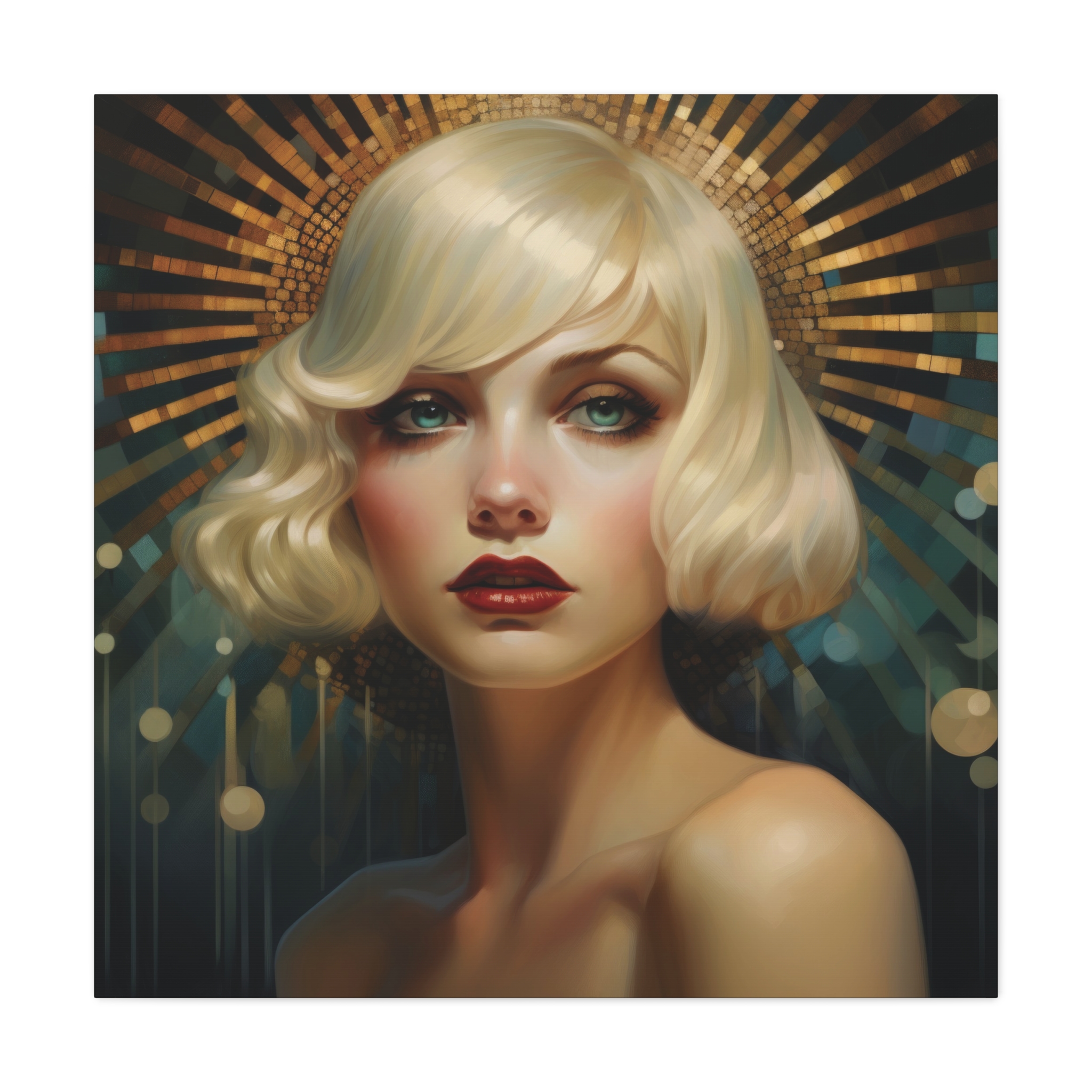 Art Deco Blonde Woman Portrait Wall Canvas, Feminine Gold Blue Artwork, Glam Elegant Hollywood Inspired Centrepiece, Vintage Style Interiors
