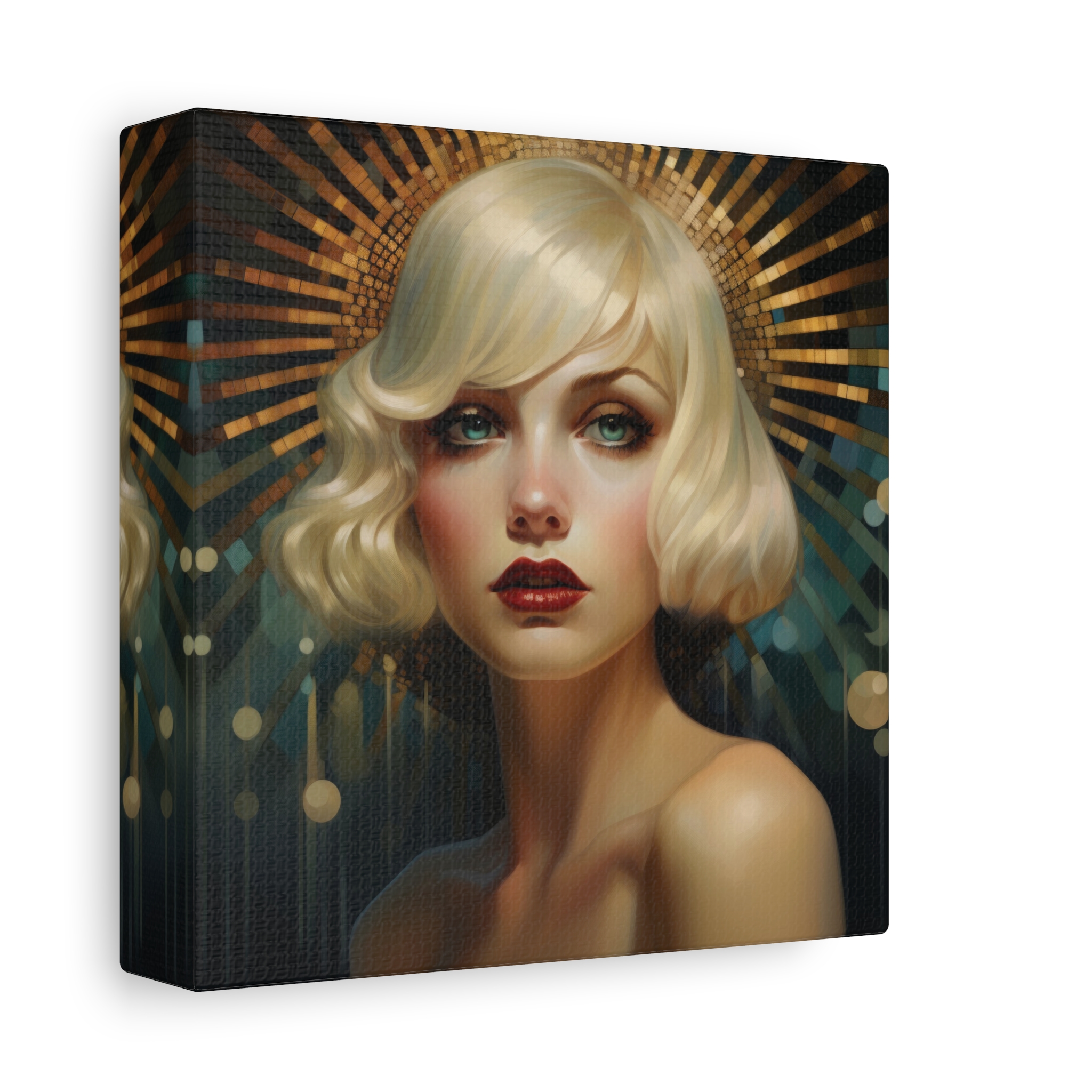 Art Deco Blonde Woman Portrait Wall Canvas, Feminine Gold Blue Artwork, Glam Elegant Hollywood Inspired Centrepiece, Vintage Style Interiors. Small Side View