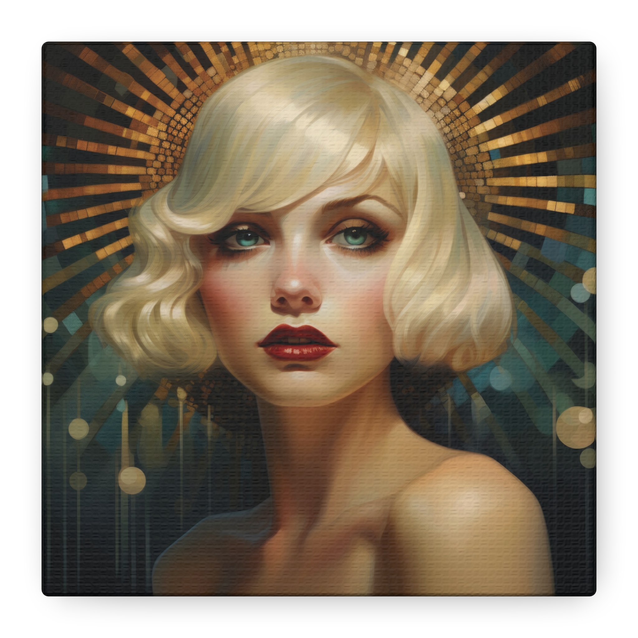 Art Deco Blonde Woman Portrait Wall Canvas, Feminine Gold Blue Artwork, Glam Elegant Hollywood Inspired Centrepiece, Vintage Style Interiors