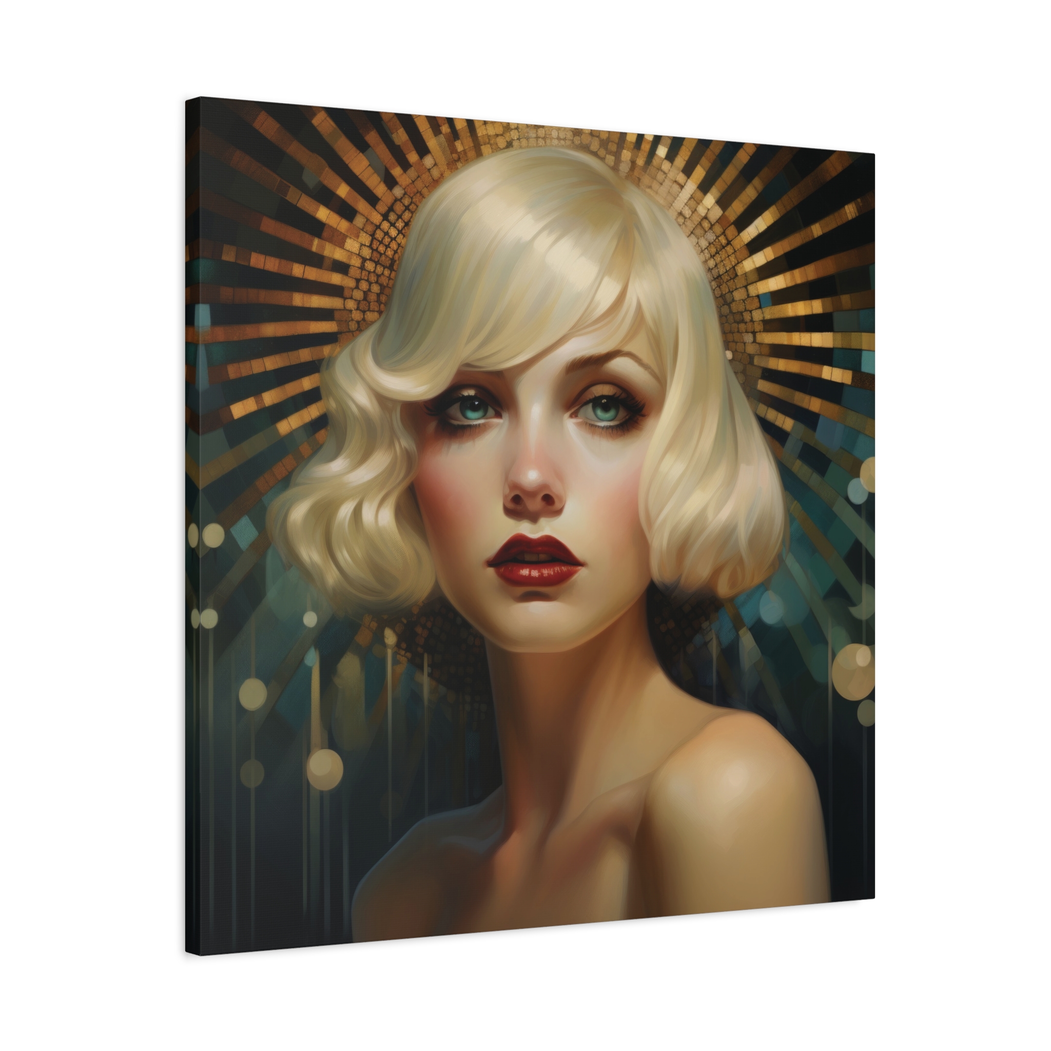 Art Deco Blonde Woman Portrait Wall Canvas, Feminine Gold Blue Artwork, Glam Elegant Hollywood Inspired Centrepiece, Vintage Style Interiors. Large Side View.