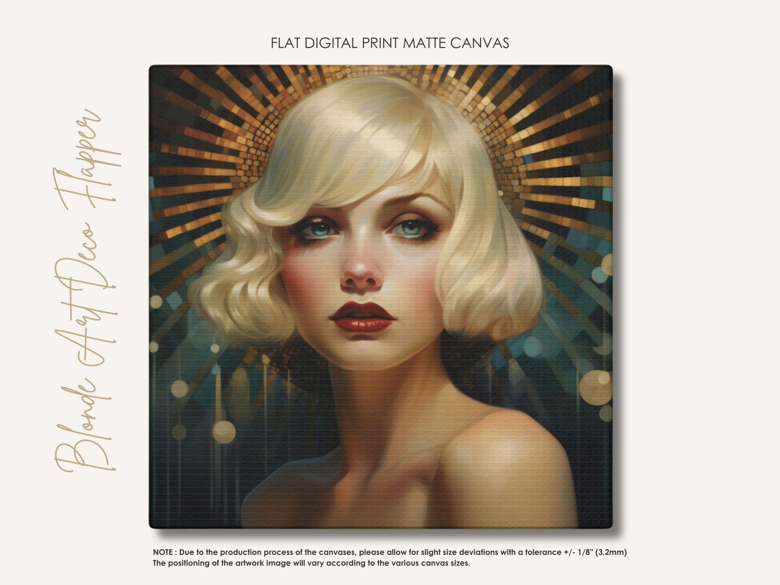 Art Deco Blonde Woman Portrait Wall Canvas, Feminine Gold Blue Artwork, Glam Elegant Hollywood Inspired Centrepiece, Vintage Style Interiors