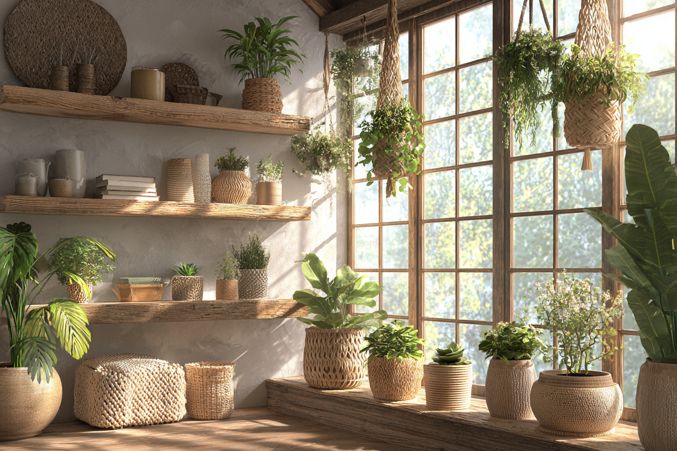 Hanging Macrame Plants and Potted Plants in Grass Baskets and Ceramic Pots on Wall Shelves