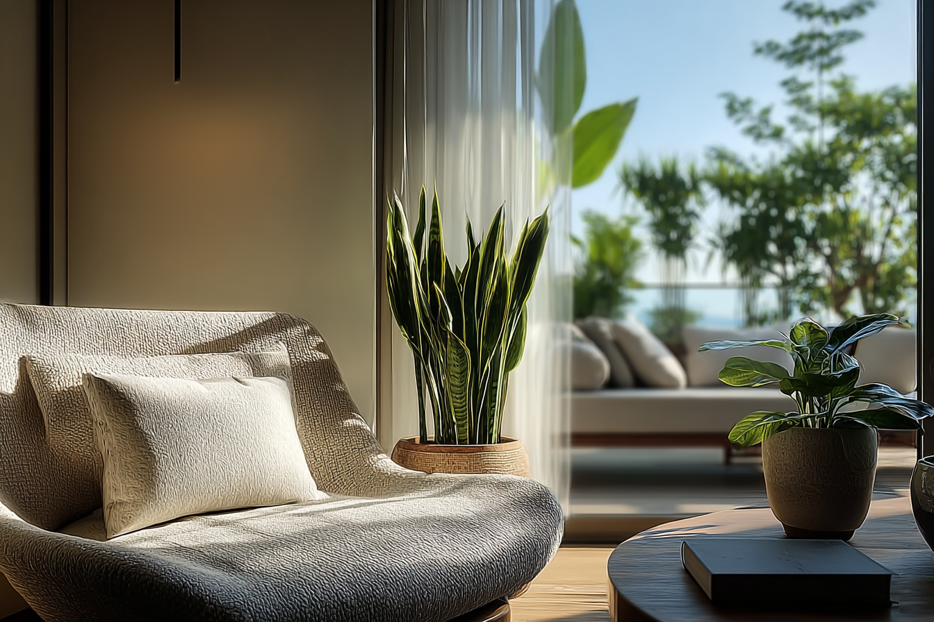 Living room reading nook near with potted plants near glass patio doors.