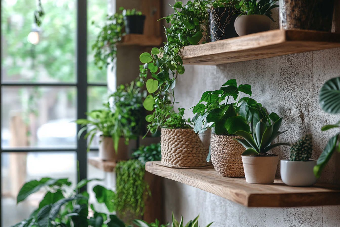 Photo of Potted Plants Arranged on Floating Wall Shelves.