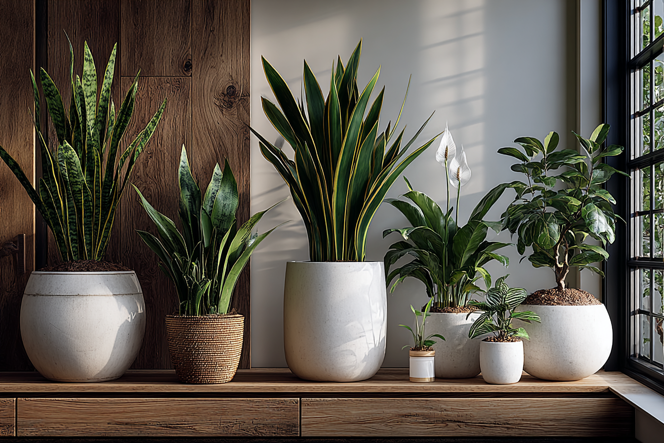 Photo showing various potted plants arranged on a built in corner shelving unit.