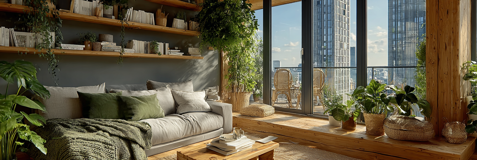 Urban living room with a boho biophilic interior style.